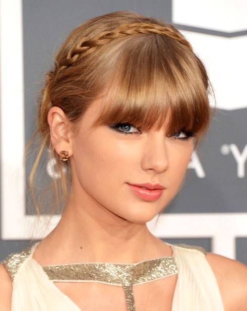2014-Taylor-Swift-Hairstyles--Braided-Updo-with-Bangs